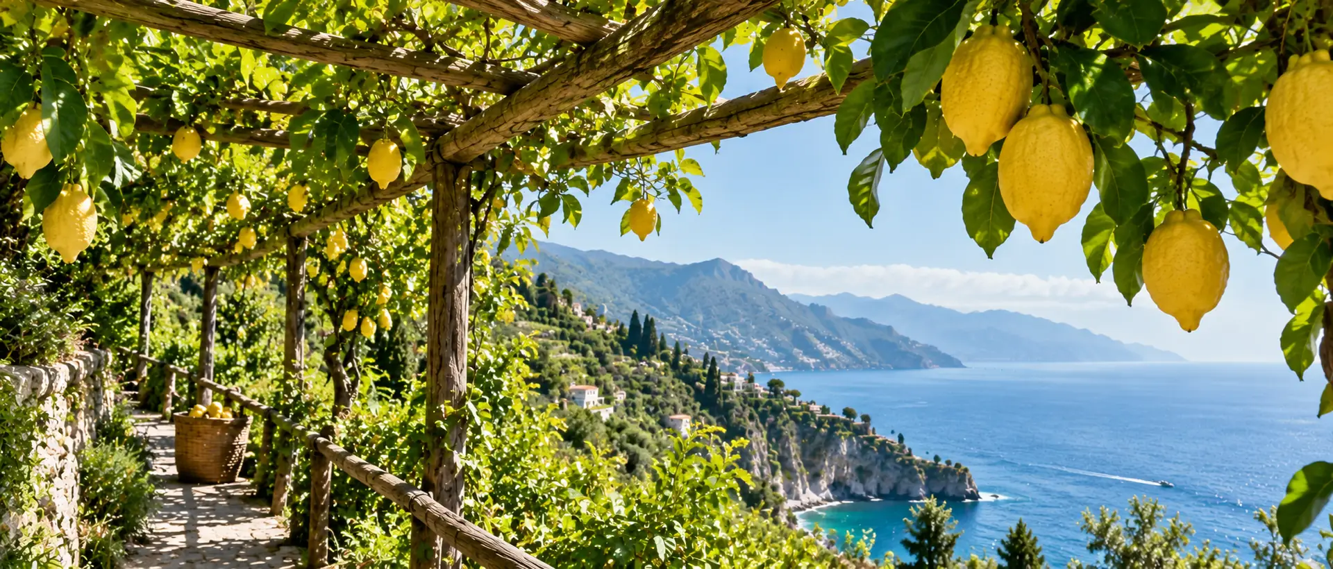 Citrons mûrs sous des pergolas traditionnelles dans une citronneraie du sud de l’Italie avec vue sur la mer.