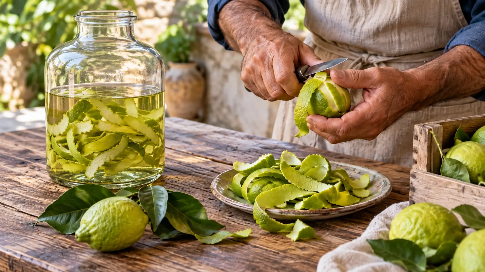 Épluchage de citrons verts à côté d’un récipient en verre contenant des zestes en macération.