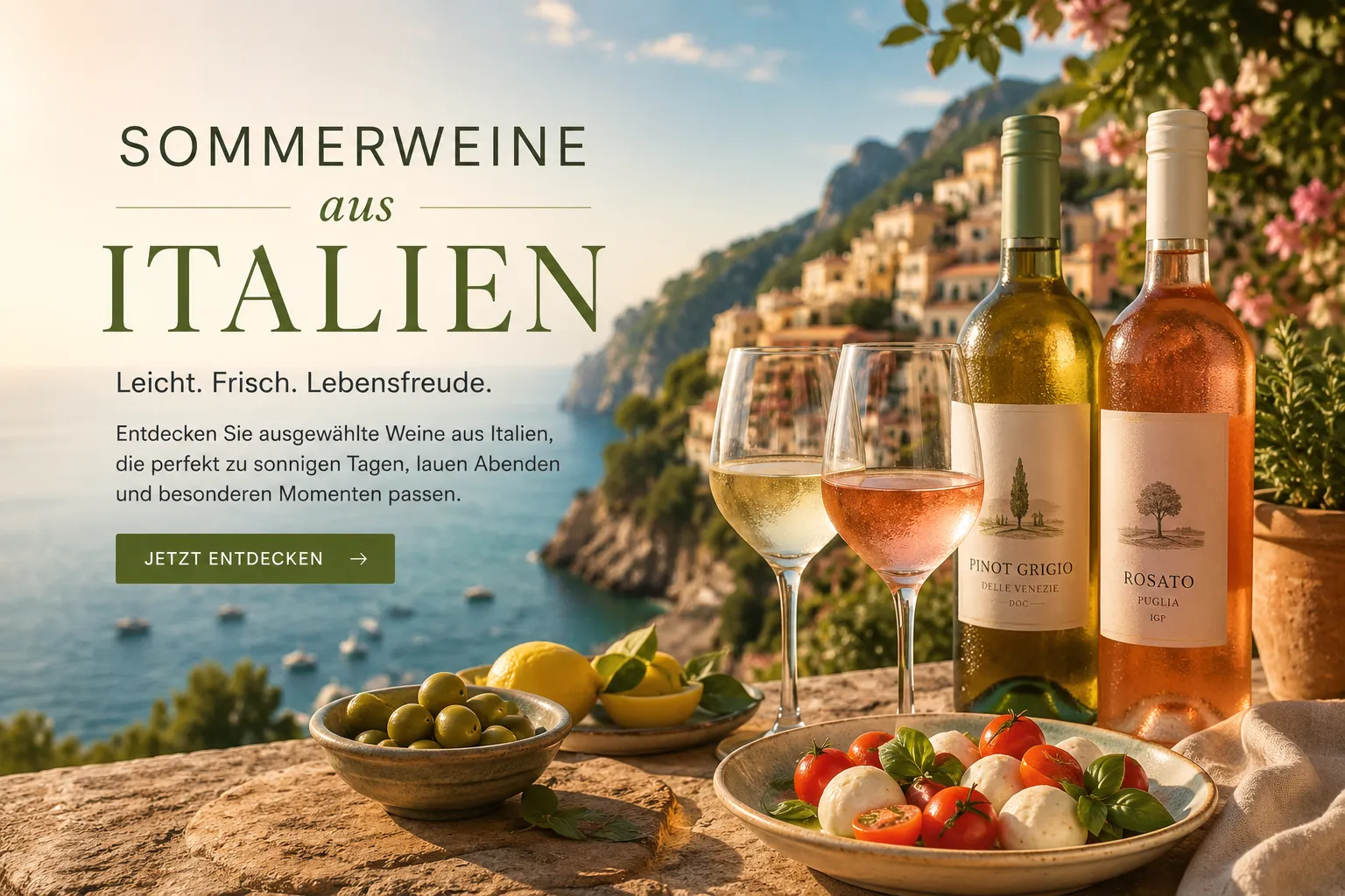 Tisch mit Antipasti und 2 Weinflaschen , im Hintergrund eine Küstenlandschaft