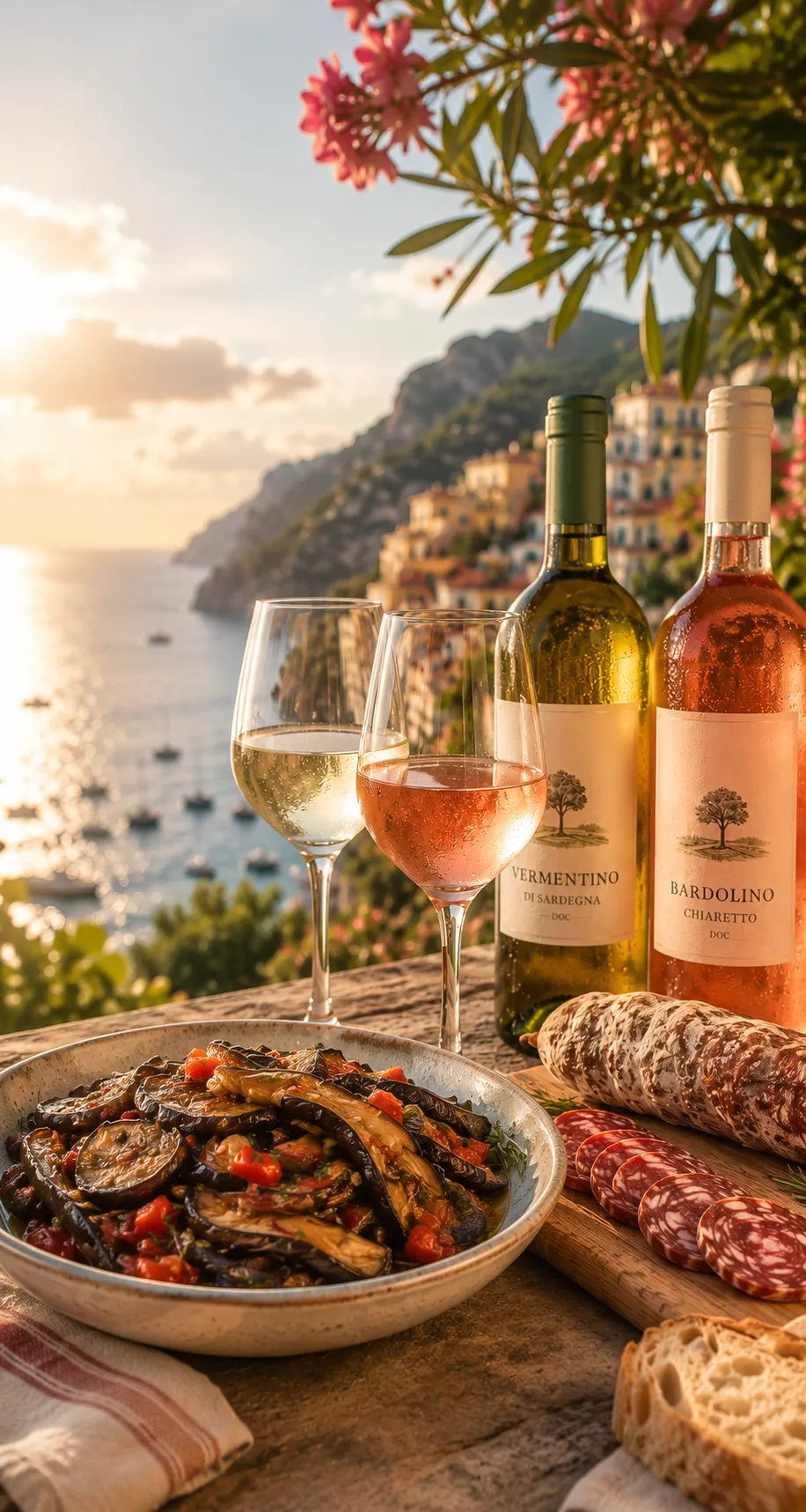 Tisch mit Antipasti und 2 Flaschen Wein mit Küstenregion im Hintergrund
