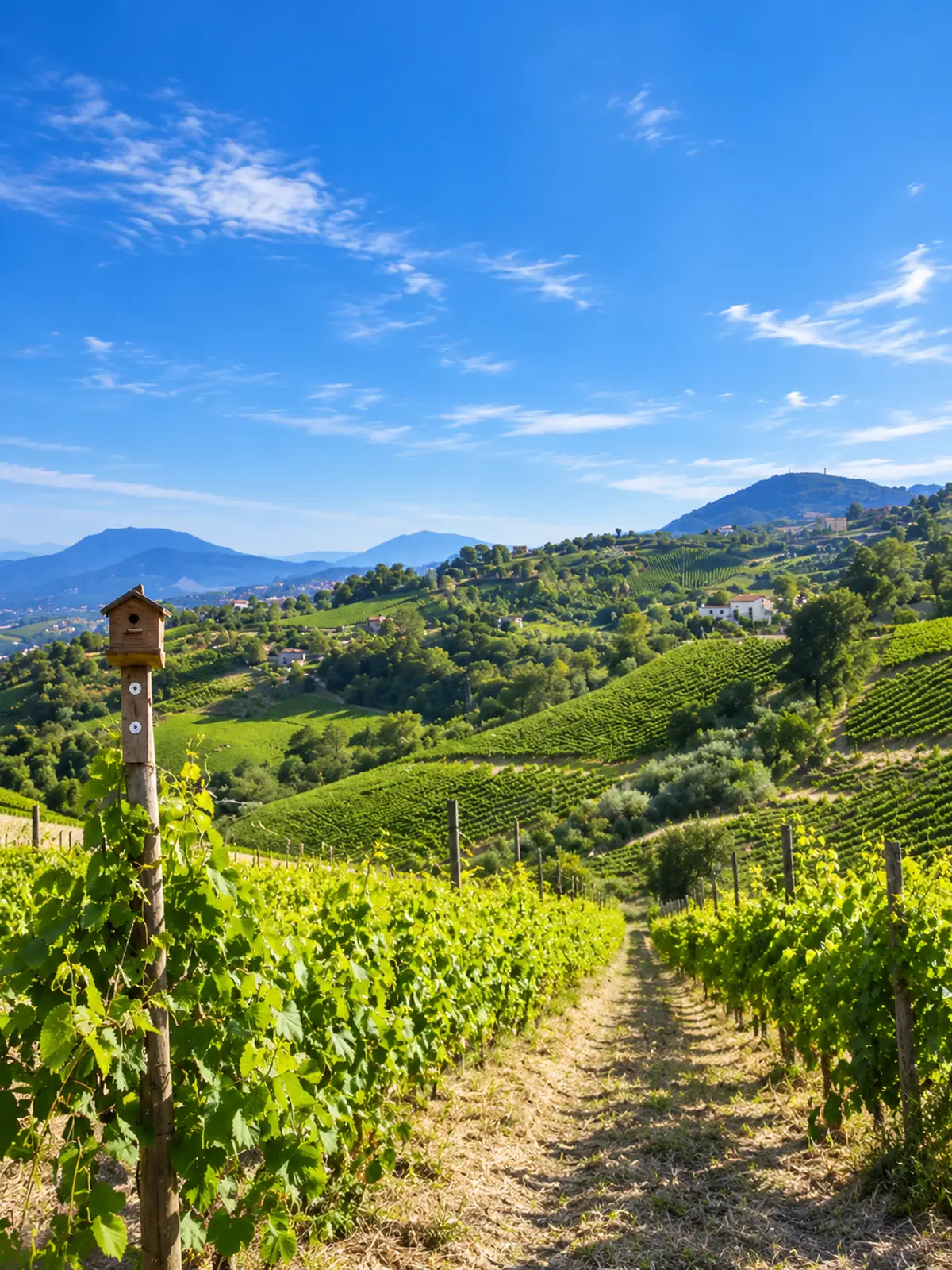 Vignobles et collines verdoyantes d’Irpinia sous un ciel bleu
