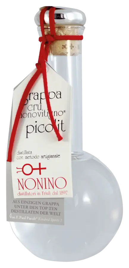 Grappa Picolit The Legendary von Distilleria Nonino - Flasche mit Etikett und Grappa