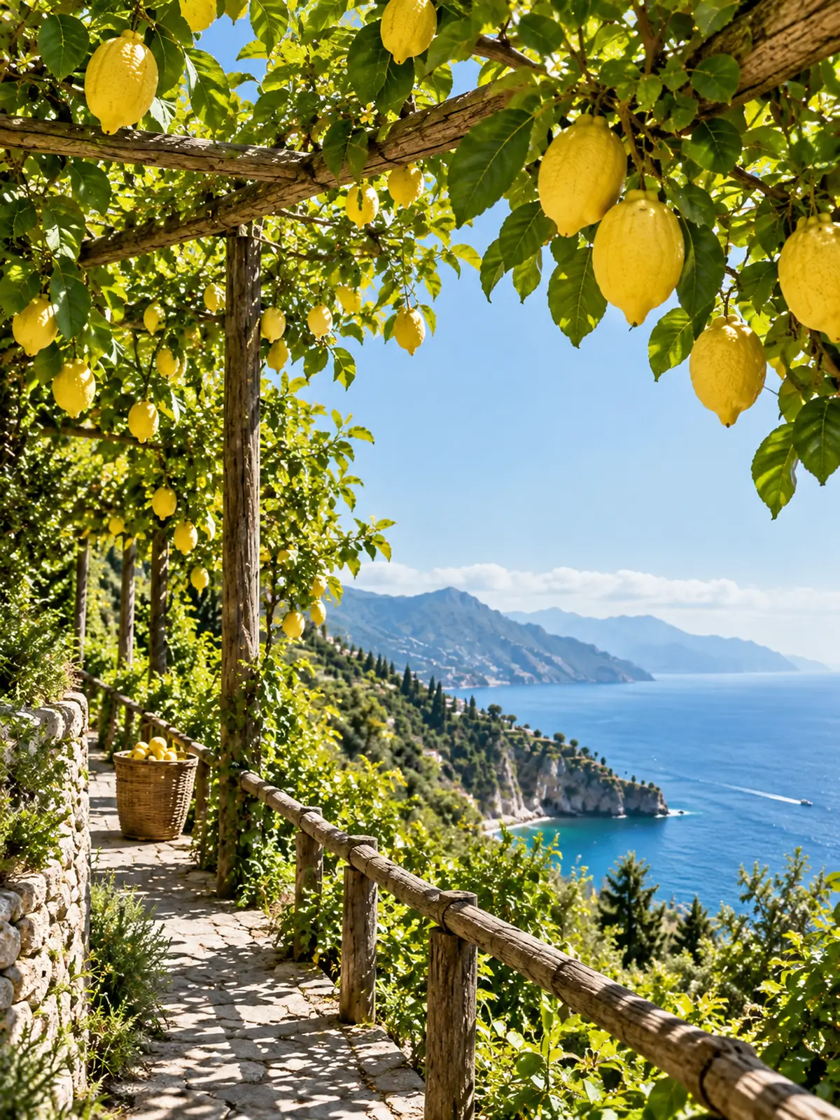 Pergola de citronniers sur la côte du sud de l’Italie avec vue sur la mer.