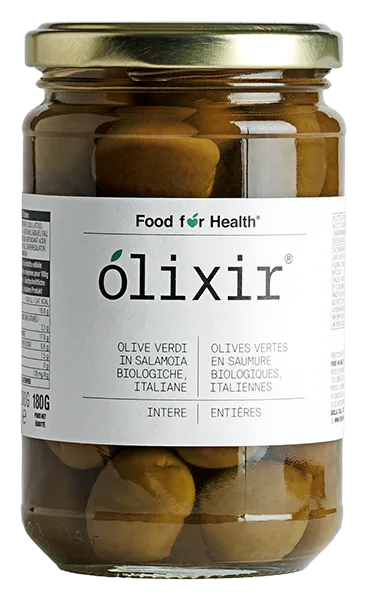 Olives vertes en saumure, entières Olives vertes entières d'Olixir (FoodforHealth) - Olives de table entières d'Italie BIO