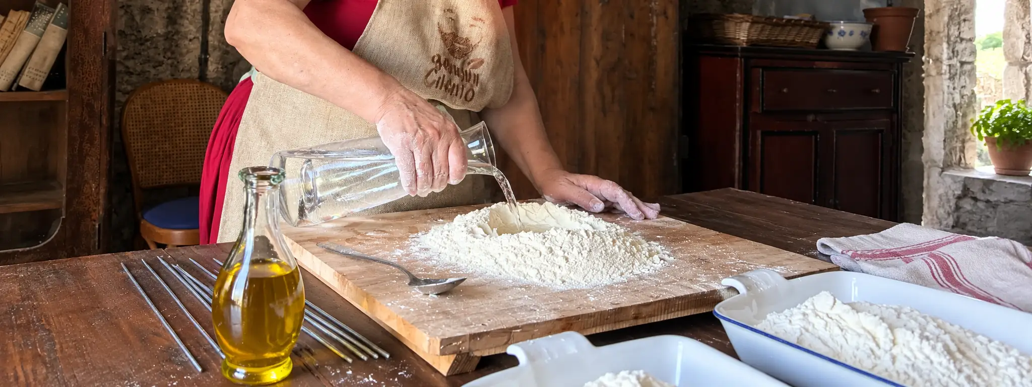 Préparation traditionnelle de pâtes maison sur une planche en bois dans le Cilento