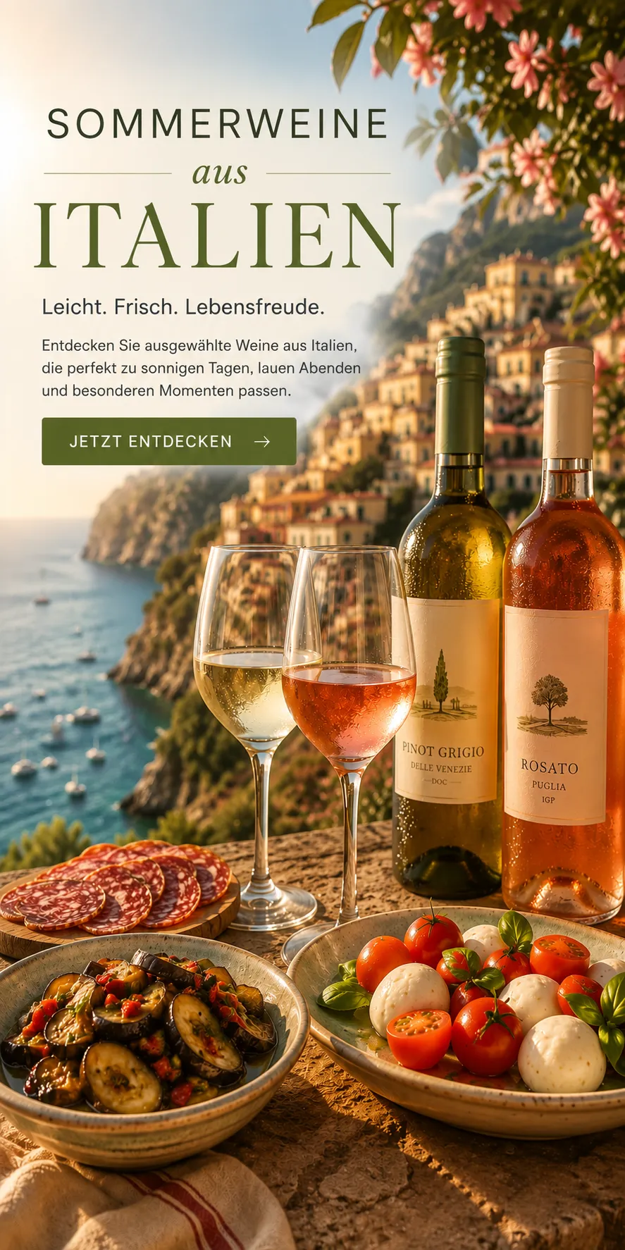 Tisch mit Antipasti und 2 Weinflaschen , im Hintergrund eine Küstenlandschaft