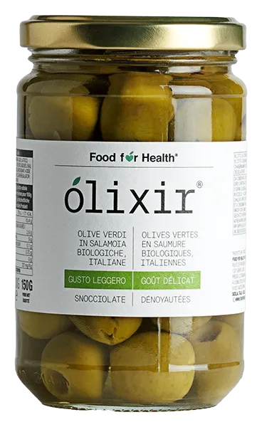 Olives vertes en saumure, entières Olives vertes dénoyautées d'Olixir (FoodforHealth) - Olives de table dénoyautées d'Italie BIO