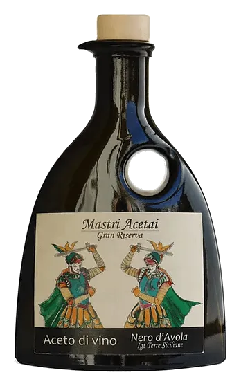 aceto-vino-nero-davola-mastri-acetai-etikette Aceto di Vino Monovitigno Nero D'Avola Gran Riserva