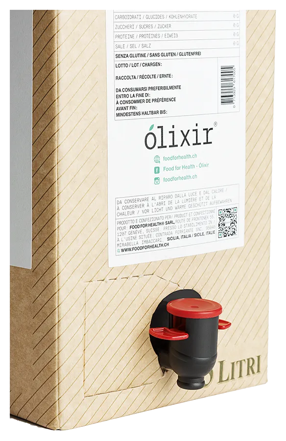 Olio extra vergine d'oliva d'Olixir (FoodforHealth) - Détail du bidon de 3 l d'huile d'olive de Sicile