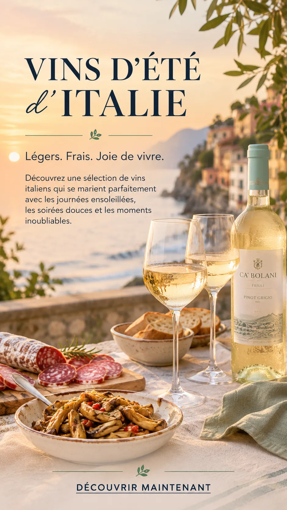 Table garnie d'antipasti et de 2 bouteilles de vin, avec la région côtière en arrière-plan