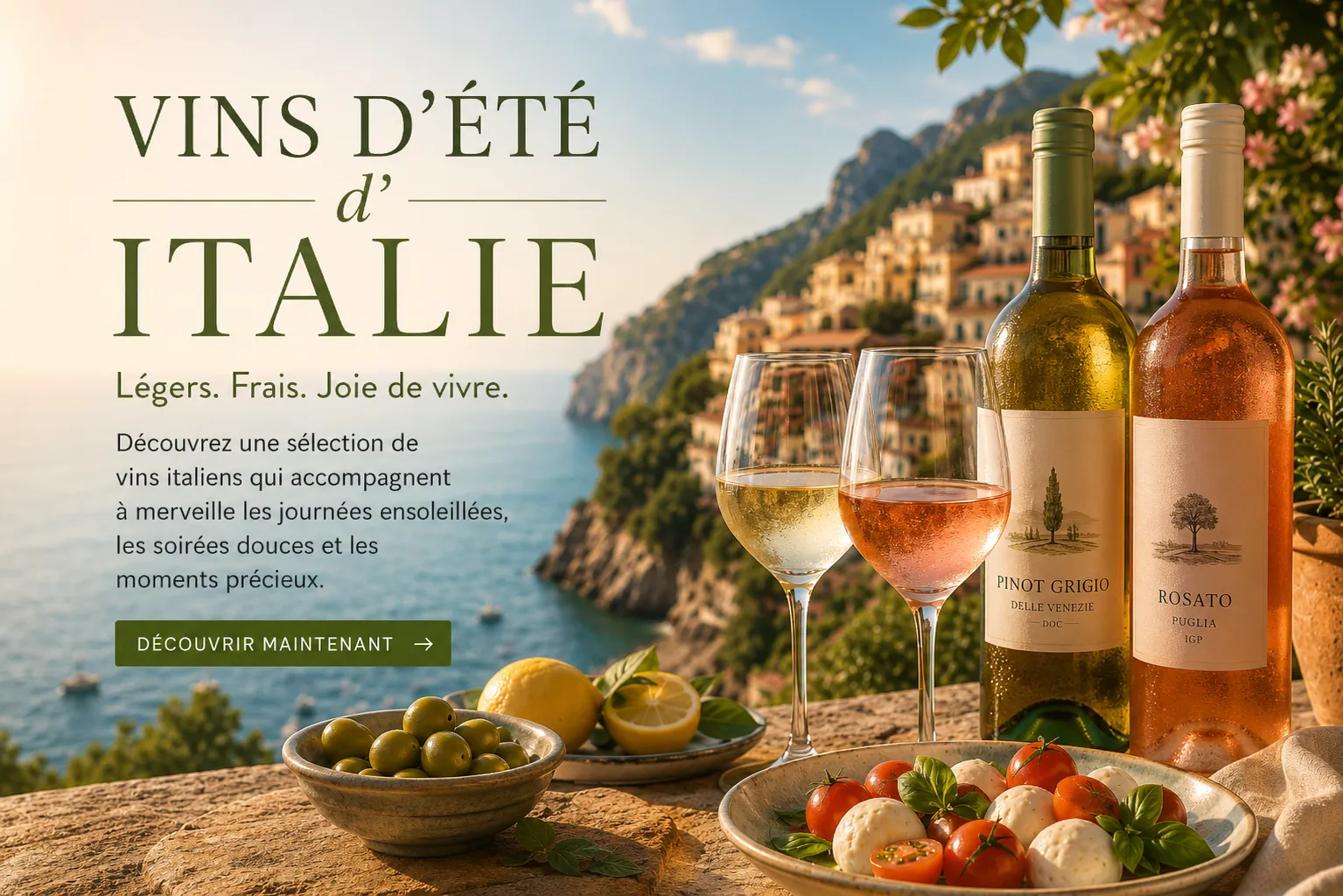 Table garnie d'antipasti et de 2 bouteilles de vin, avec la région côtière en arrière-plan