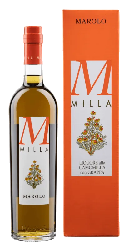 liquore-alla-camomilla-con-grappa-marolo Kamillenlikör mit Grappa Milla von Marolo - Flasche Likör aus dem Piemont